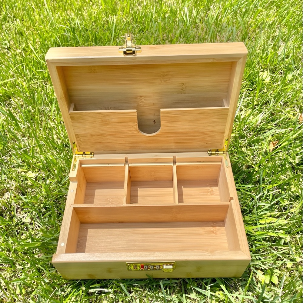 Brand new large bamboo stash box with sliding tray and lock